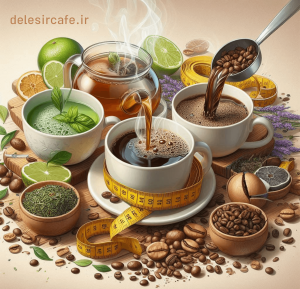 فنجان هایی از قهوه و چای سبز و دمنوش با متر اندازهگیری که نشاندهنده تأثیر آنها بر چربیسوزی